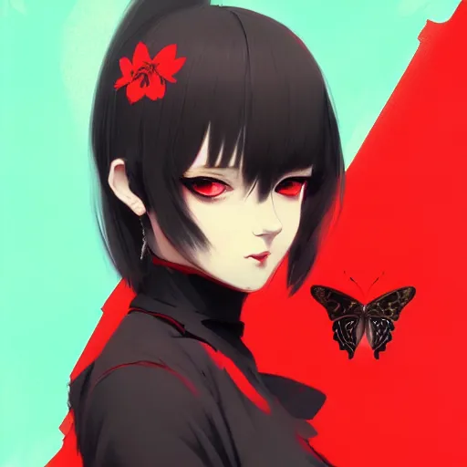 Prompt: elegent butterfly girl with gray hair and green eyes, wearing a red and black color dress, in the style of and ilya kuvshinov and greg rutkowski, high quality anime artstyle, intricate