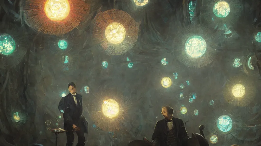 Prompt: swarm of glowing iridescent discs surrounding a victorian man, by greg rutkowski