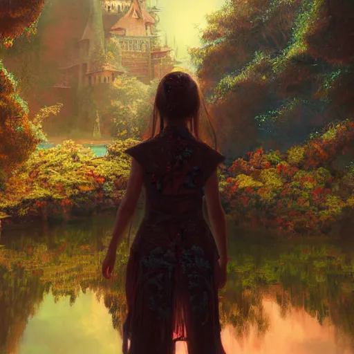 Image similar to painting, nicolas cage as a beautiful young girl in intricate clothing by ross tran, walking in a castle, lake painted by sana takeda, rtx reflections, very high intricate details, digital anime art, medium shot, mid - shot, composition by ilya kuvshinov, lighting by greg rutkowski