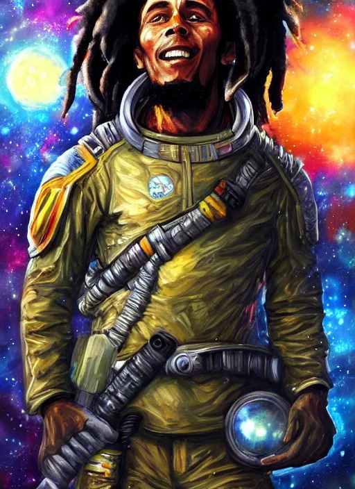 Prompt: bob marley as a space soldier, in front of exploding nebulae, digital illustration trending on artstation by artgerm and rutkowski