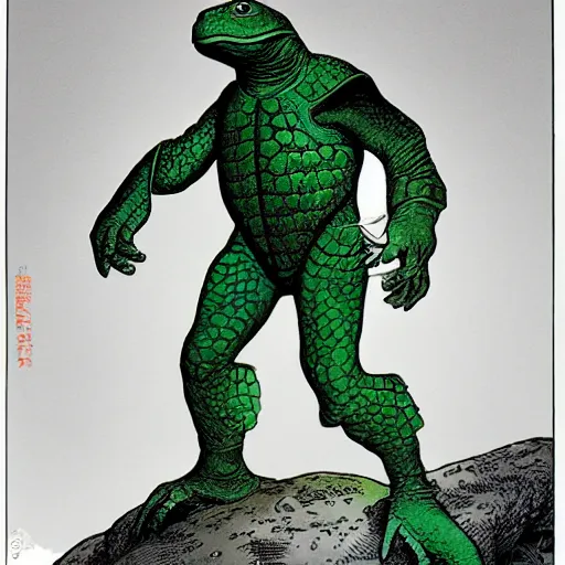 Prompt: anthropomorphic turtle hero by moebius