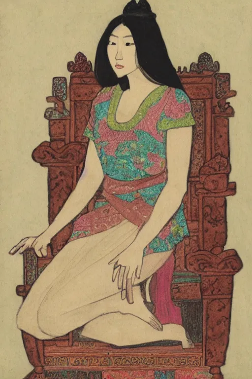 Image similar to portrait by tara phillips of a beautiful young asian woman with shoulder length hair and strong facial bone structure, queen and ruler of the universe, sitting on her throne, men kneeling at her feet