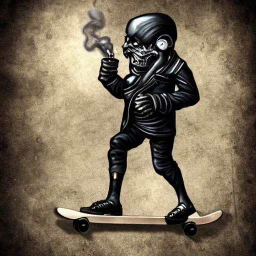 Prompt: creepy terminator smoking a pipe riding a skateboard, digital art, gloomy, action,