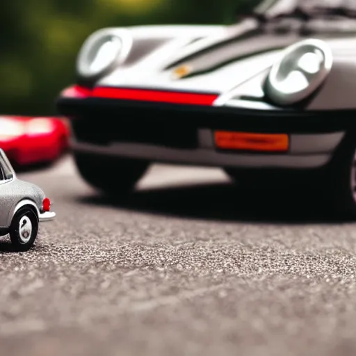 Image similar to close up photo of a small toy porsche 9 1 1 9 6 4 on a road stripe, cinematic, shallow dof, 3 5 mm, 4 k, macro