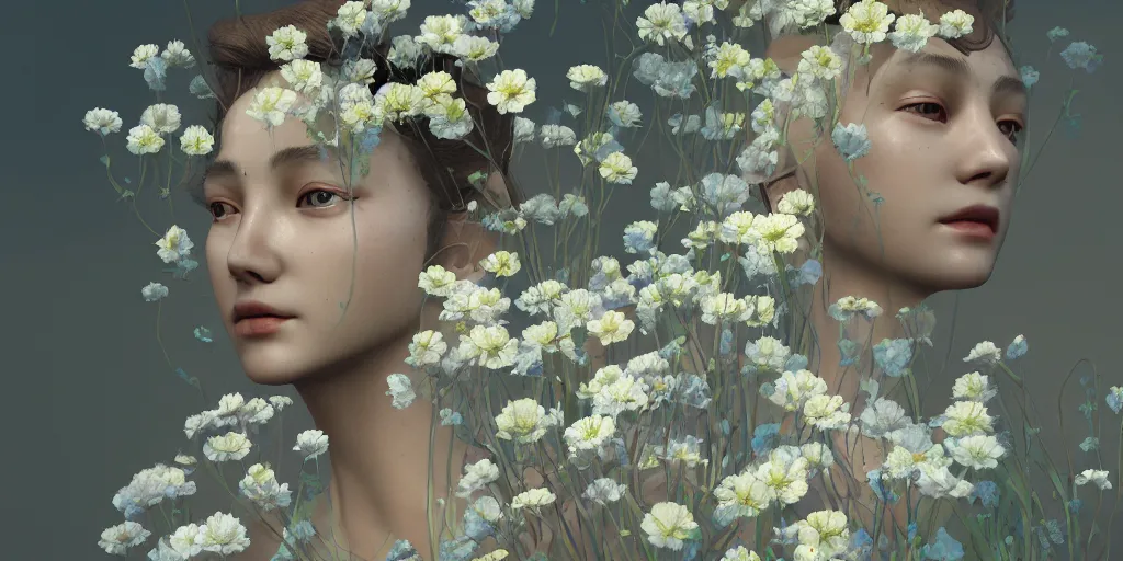 Image similar to goddess of nemophila flowers portrait, amalgamation of leaves and flowers, orthodox saint, beautiful raking sunlight, nemophila flowers, no hands. intricate artwork by Hsiao-Ron Cheng. octane render, trending on artstation, greg rutkowski. cinematic, hyper realism, high detail, octane render, 8k