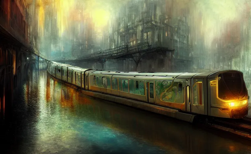 Image similar to an urban train rides inside of a waterway on a fantasy city. by artstation trending, by joseph mallord william turner, luis royo, konstantin razumov, cinematic lighting, fractal flame, highly detailed