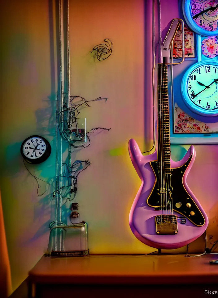 Image similar to telephoto 7 0 mm f / 2. 8 iso 2 0 0 photograph depicting the feeling of chrysalism in a cosy safe cluttered french sci - fi art nouveau cyberpunk apartment in a pastel dreamstate art cinema style. ( electric guitar ) ( ( fish tank ) ) ( ( clock ) ), ambient light.