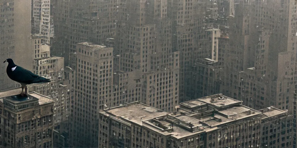 Image similar to detailed medium format photo, polaroid still from tarkovsky movie, giant pigeon sitting on a newy york building rooftop, haze, high production value, intricate details, 8 k resolution, hyperrealistic, hdr, photorealistic, high definition, tehnicolor, award - winning photography, masterpiece, amazing colors