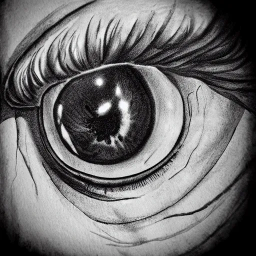 Prompt: highly detailed ink sketch of a human eye heavy black high contrast anatomical detail black and white
