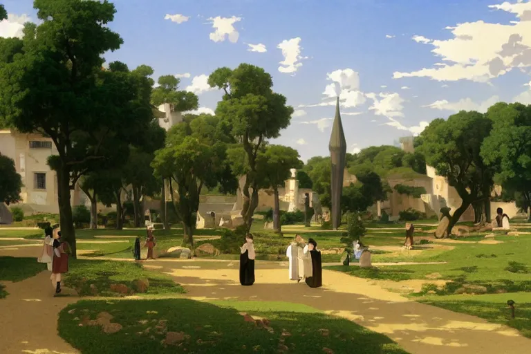 Image similar to a beautiful landscape of a futuristic science fiction village in the french countryside during spring season, painting by studio ghibli hd and william adolphe bouguereau hd, nice afternoon lighting, smooth tiny details, soft and clear shadows, low contrast, perfect