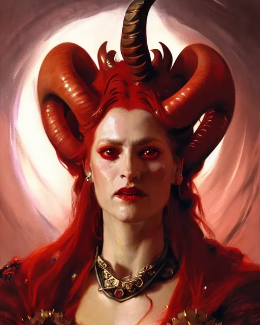 Image similar to painted close - up portrait of an attractive red - skinned intimidating demon queen with ram horns. oil painting, wearing a noblewoman's outfit, fantasy art by greg rutkowski and john singer sargent and gaston bussiere, demon noble character design