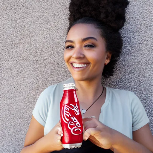 Prompt: a woman, mid-20s holding a bottle of coca-cola