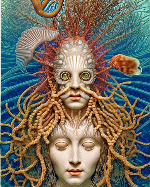 Image similar to hyperrealistic detailed underwater face portrait of the beautiful goddess of the fish with an intricate headgear of corals, sea kelp, sea plants, fish, starfish, jellyfish, art by ernst haeckel, james jean, gothic, neo - gothic, ornamental, beautiful deep colours,