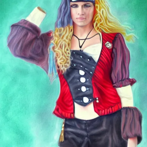 Image similar to detailed full body concept pastel painting of a female pirate in beautifully designed clothing