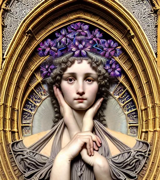 Image similar to hyperrealistic detailed portrait of a beautiful young goddess morphing into a gothic cathedral, authentic ornamental architecture, intricate and highly detailed, awe inspiring art by ernst haeckel, john william godward, h. r. giger, alphonso mucha, android jones, james jean, gothic, neo - gothic, heavily ornamental, deep colours,