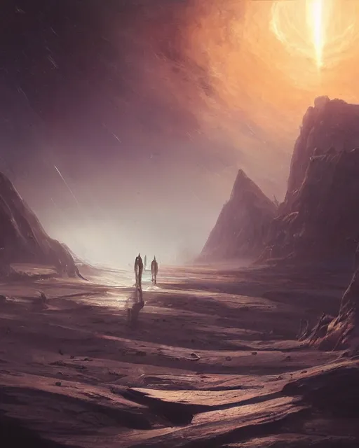 Image similar to A matted painting of humanoid Aliens of the Sun on a spaceship environment with expansive views of space, inspired by greg rutkowski and Keith Mallett and felix kelly, digital art, insanely detailed extremely moody lighting, glowing light and shadow, atmospheric, shadowy, cinematic