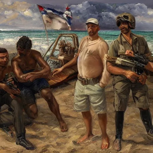Prompt: rich drug dealers are arrested on the beach by the military, oil painting, highly detailed, 4 k