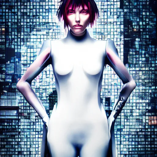 Image similar to a ghost in the shell inspired full shot photographic portrait of a woman in a complex top model pose wearing top urban futuristic fashion clothing