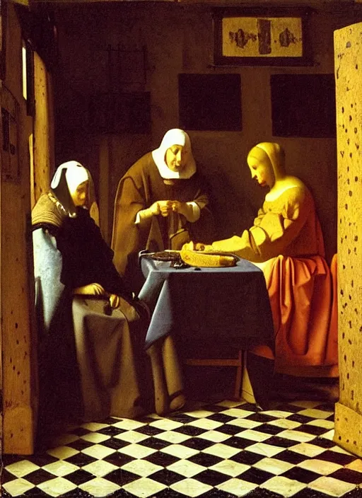 Image similar to date at the crowded medieval inn. Medieval painting, by Johannes Vermeer, Jan van Eyck