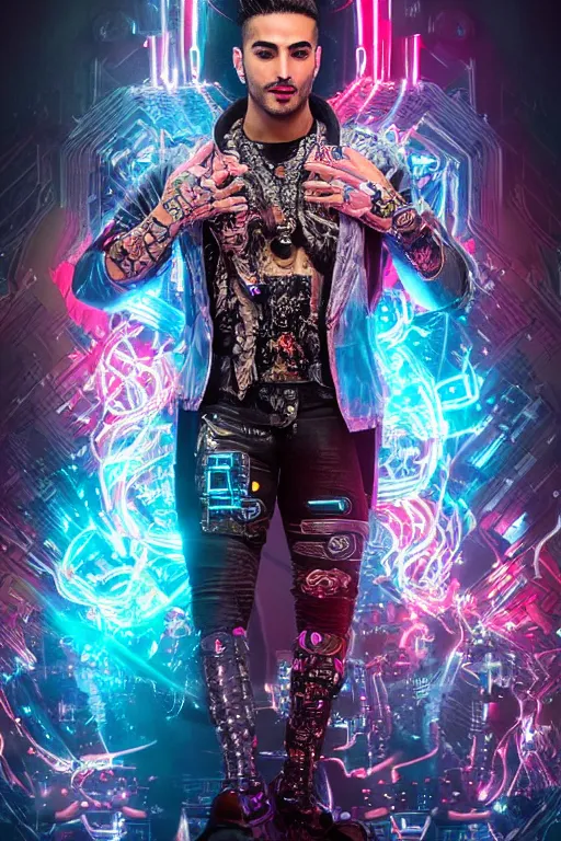 Prompt: full-body cyberpunk style sculpture of handsome singer Maluma as a half cyborg with a chest opening exposing circuitry and electric sparks, glowing pink eyes, crown of blue flowers, flowing salmon-colored silk, fabric, raptors. baroque elements. full-length view. baroque element. intricate artwork by caravaggio. many many birds birds on background. Trending on artstation, octane render, cinematic lighting from the right, hyper realism, octane render, 8k, depth of field, 3D