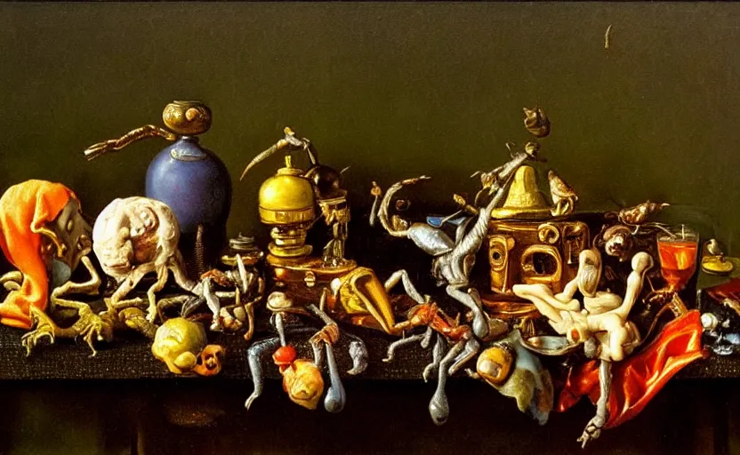 Image similar to disturbing colorful oil painting dutch golden age vanitas still life with bizarre objects strange gooey surfaces shiny metal bizarre insects rubber silk rachel ruysch dali todd schorr very detailed perfect composition rule of thirds masterpiece chiaroscuro canon 5 0 mm, cinematic lighting, photography, retro, film, kodachrome