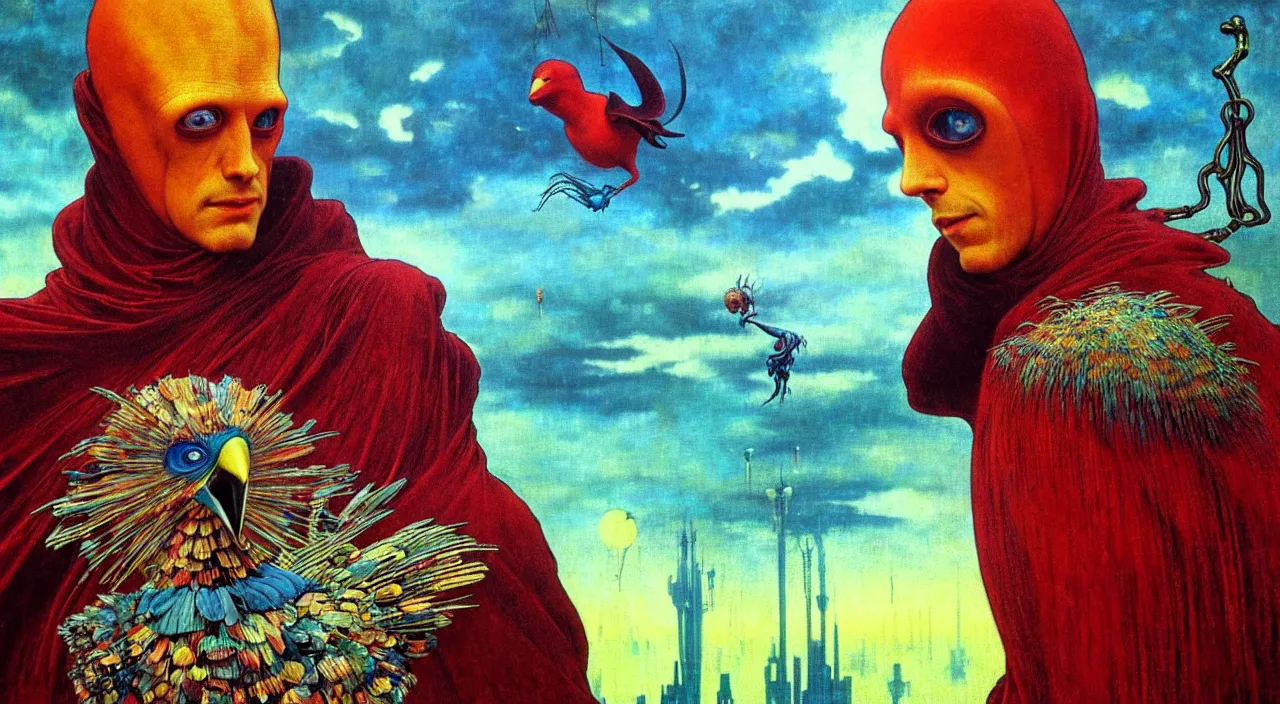 Image similar to realistic detailed portrait movie shot of a birdman wearing dark robes, sci fi city landscape background by denis villeneuve, amano, yves tanguy, alphonse mucha, ernst haeckel, max ernst, roger dean, masterpiece, rich moody colours, blue eyes, occult