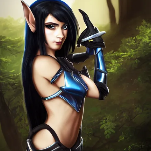 Image similar to young half - elf girl, black shoulder - length hair, blue eyes, cyborg