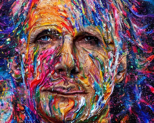 Image similar to still shot close up footage of the portrait of a human head explodes and disintegrates into acrylic pour and splashing paint, motion blur, hyperrealistic, medical, intricate art photography, anatomically correct, realistic crisp textures, 1 6 k