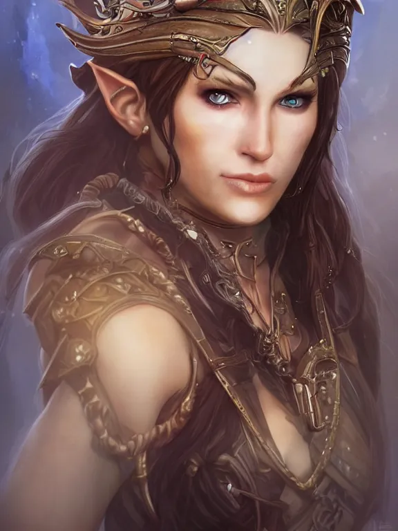 Image similar to portrait of a female elven pirate, character design, correct anatomy, concept art, digital illustration, ray tracing, ultra detailed, fantasy, soft lighting, intricate and highly detailed, coloured with lots of colour, pose, fantasy, sharp focus,