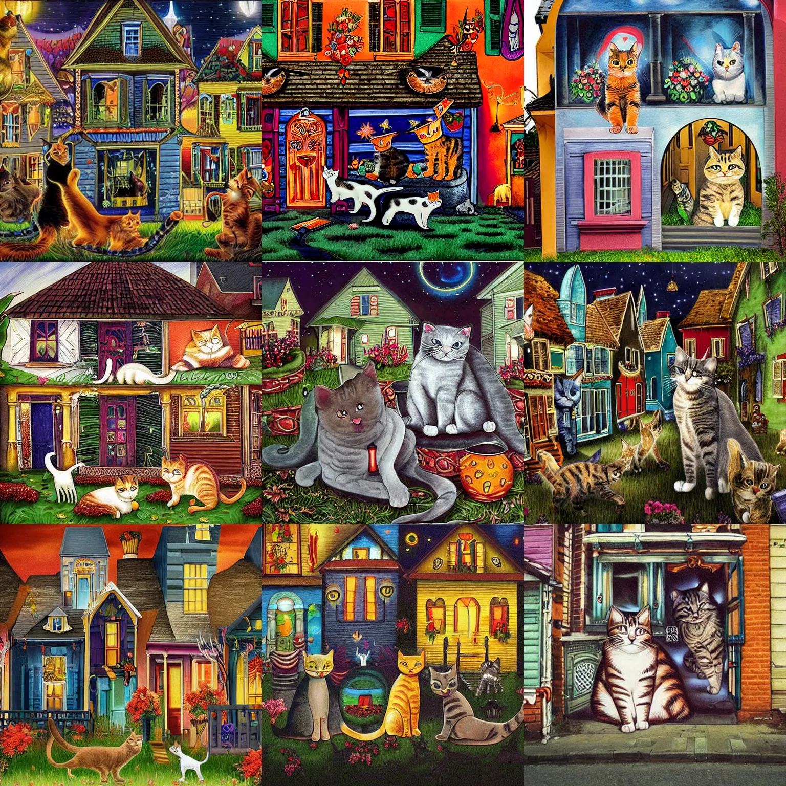 Prompt: cats festivities murals on all the houses, dark night, photographic