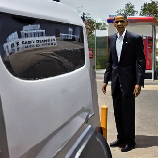 Image similar to barack obama, standing by a gas station, fresh fade haircut