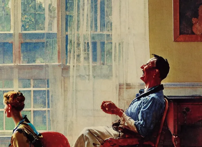 Image similar to a laughing man sitting by the window, a slim woman in the background, norman rockwell