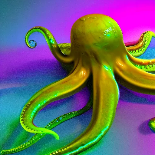 Image similar to an octopus swimming through iridiscent slime, 3d render, hyperrealistic, dynamic shadows, 4k