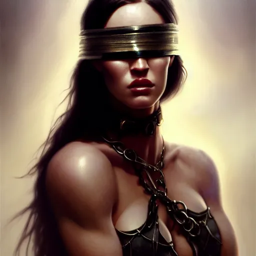 Prompt: portrait of megan fox, muscular upper body, slave collar, blindfolded, dress, fantasy, intricate, elegant, highly detailed, digital painting, artstation, concept art, matte, sharp focus, illustration, art by aenaluck and roberto ferri and greg rutkowski, epic fantasy, digital painting