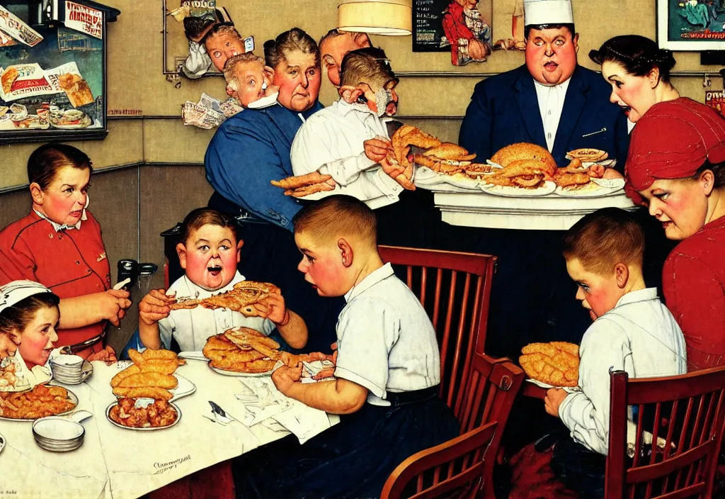 Prompt: A Norman Rockwell painting of an obese American family ordering food at McDonald's, cinematic, 8k