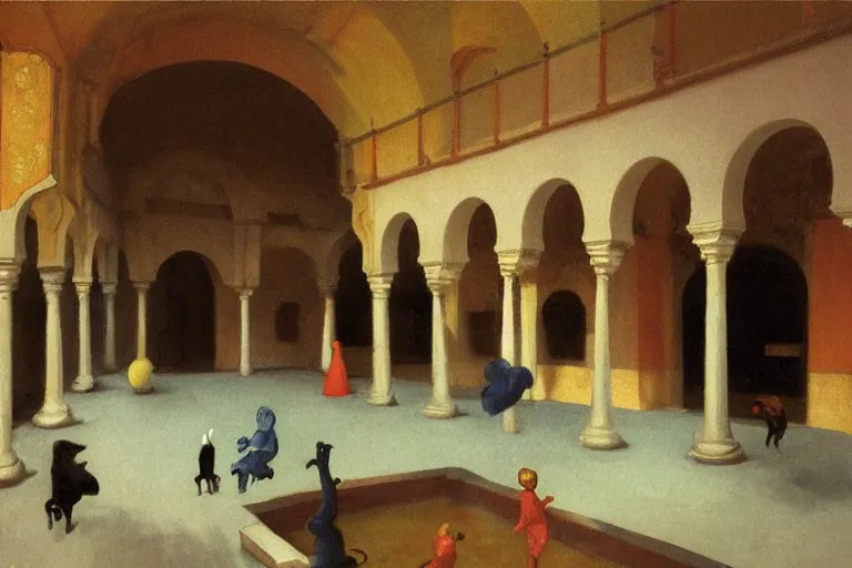 Prompt: painting of the inside of the baths of lady maria de padilla at the alcazar of seville, spain, creatures running around, liminal, mystical, by shaun tan!!!, ( ( by edward hopper )