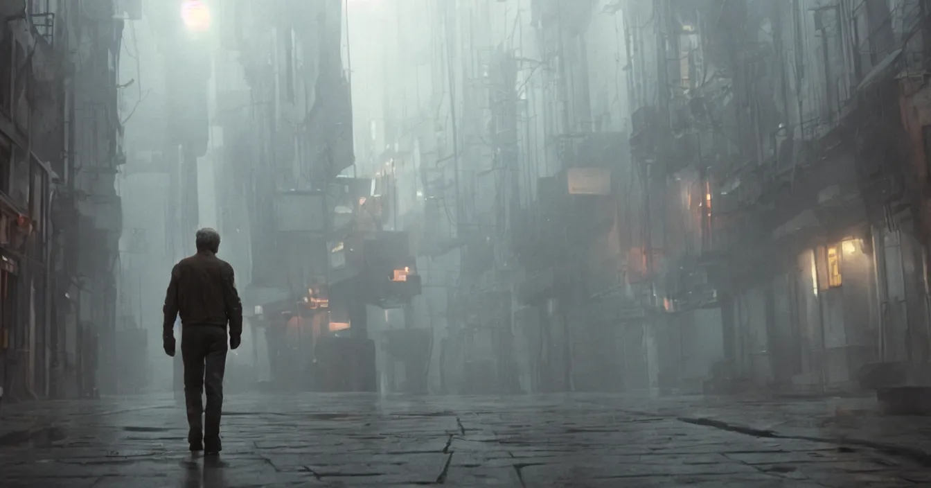 Image similar to Harrison Ford as Rick Deckard walking down alleyway, atmospheric lighting, dutch tilt, foggy, cinematic 4k