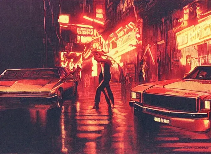 Image similar to a still from streets of fire ( 1 9 8 4 ), art by syd mead, very detailed, cinematic, high quality art,