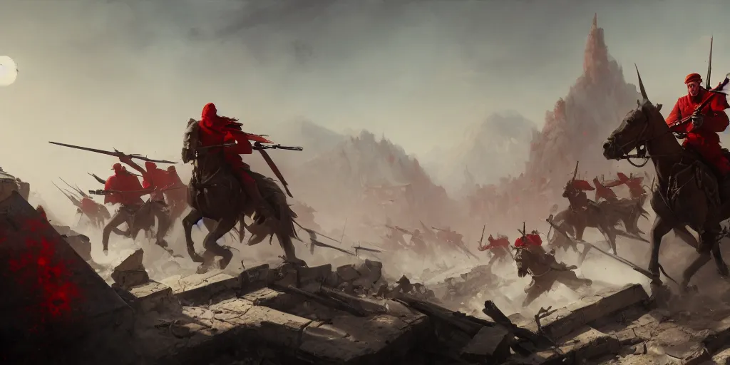 Prompt: red army fighting against white army in the ruined city of russian motheland, extremely detailed digital painting, in the style of fenghua zhong and ruan jia and jeremy lipking and peter mohrbacher, mystical colors, rim light, beautiful lighting, 8 k, stunning scene, raytracing, octane, trending on artstation