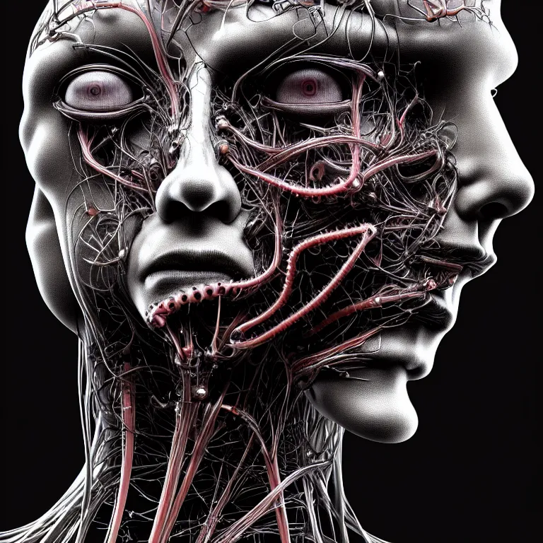 Prompt: portrait of neural nightmares by yoshitaka amano and HR Giger, detailed face face face face, facial structure, hd, 8k, very very very very electronic, biomechanical, biology, bio, neural machine