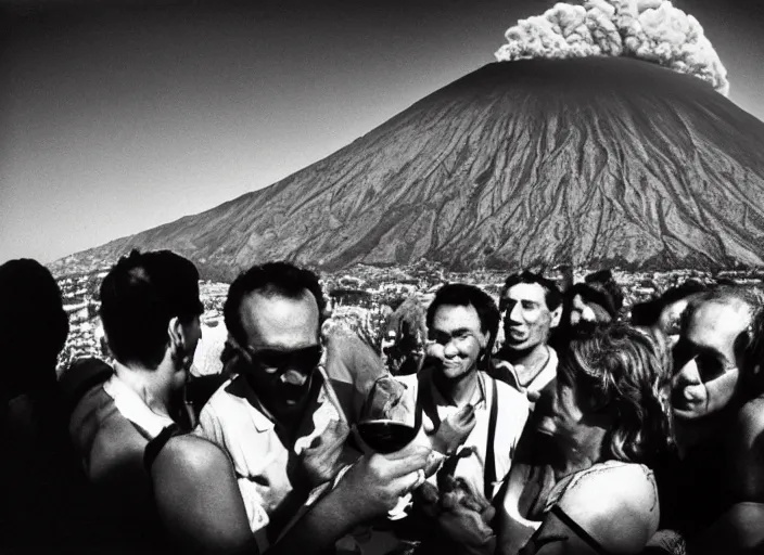 Prompt: quality old photo of average greeks drink wine and have fun against the backdrop of mount vesuvius starting to erupt by sebastian salgado, fisheye 4, 5 mm, diffused backlight