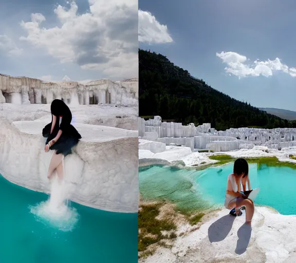 Image similar to Lee Jin-Eun hacking a laptop at Pamukkale, thermal waters flowing down white travertine terraces by Martine Johanna, rule of thirds, seductive look, beautiful