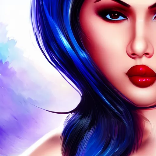 Image similar to portait of haifa wehbe, concept art, perfect lips, licking lollipop tongue, long hair centred, hd, very detailed curve, digital painting, unreal engine, amazing blue background theme