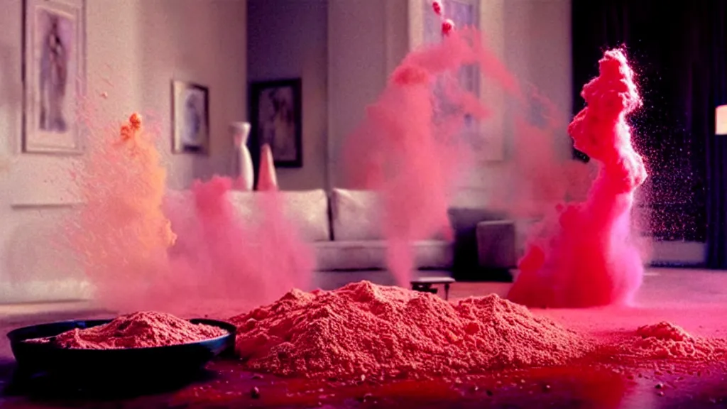 Image similar to colored powder explosion in the living room, film still from the movie directed by Denis Villeneuve with art direction by Salvador Dalí, wide lens