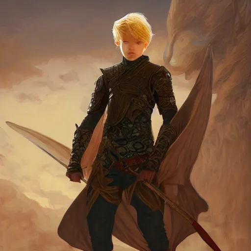 Image similar to an epic fantasy comic book style portrait painting of a young blonde boy wearing plain thief clothes, d & d, fantasy, intricate, elegant, highly detailed, digital painting, artstation, concept art, matte, sharp focus, illustration, art by artgerm and greg rutkowski and alphonse mucha