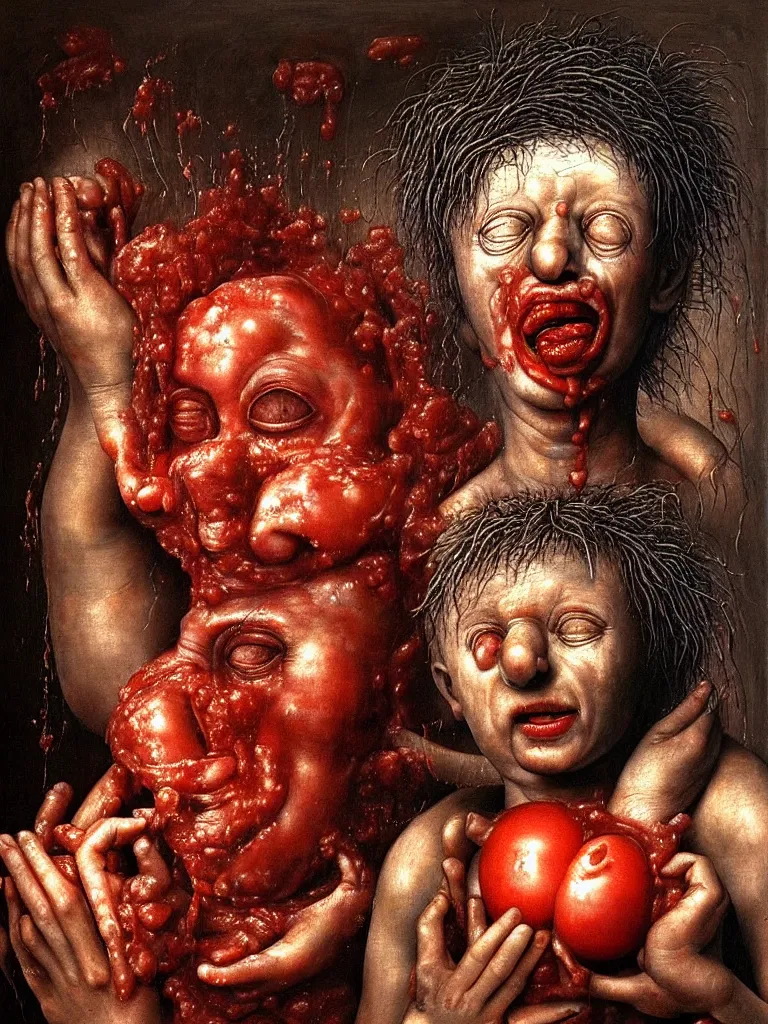 Image similar to a boy like eraserhead and elephant man sitting in a tub full of tomato sauce, looking straight into camera, screaming in desperation, by giuseppe arcimboldo and ambrosius benson, renaissance, fruit, intricate and intense oil paint, a touch of beksinski and hr giger and edward munch, realistic