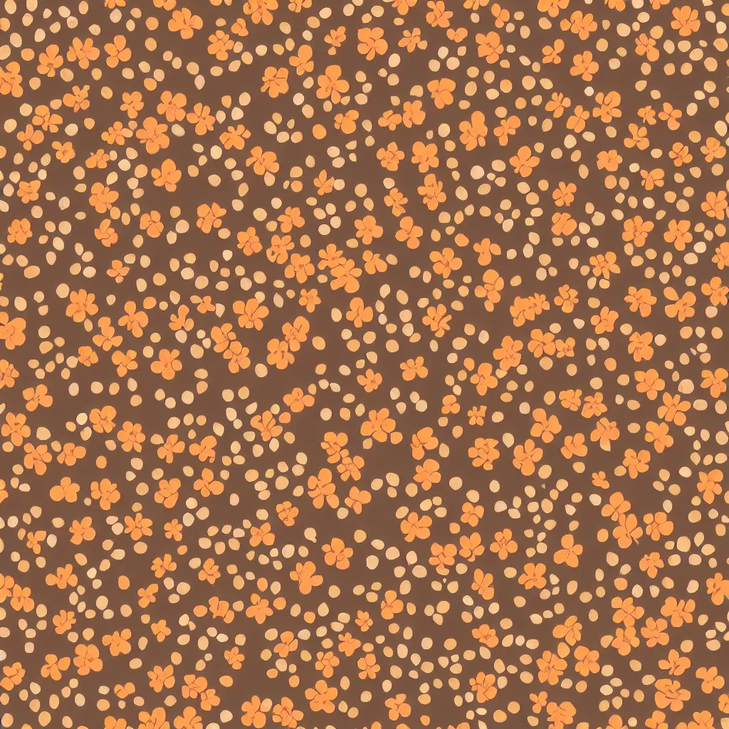 Prompt: repeating fabric pattern, minimalistic, fussy cut, miniature tiny orange and peach color flowers, brown vines and leaves