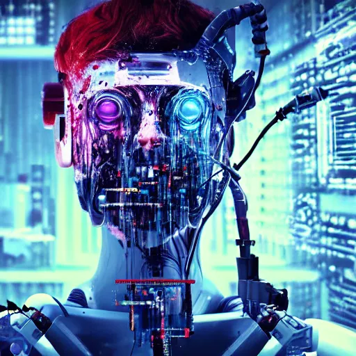 Prompt: Beautiful Photo of Arduino Uno in the robot's head.Cyberpunk. splatterpunk. 4K