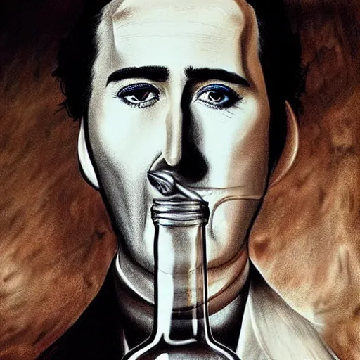 Image similar to Drinking from bottle Nicolas Cage in liquid form, Surrealism, Surreal drawing, Digital art, from artstation, art by Salvador Dali