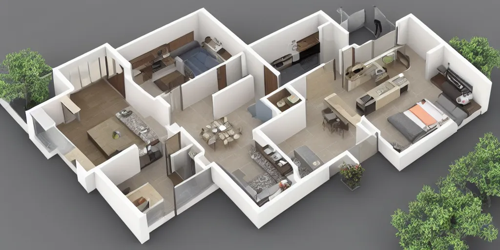 Prompt: 3 d floor plan of a one bedroom apartment, top view, realistic, detailed